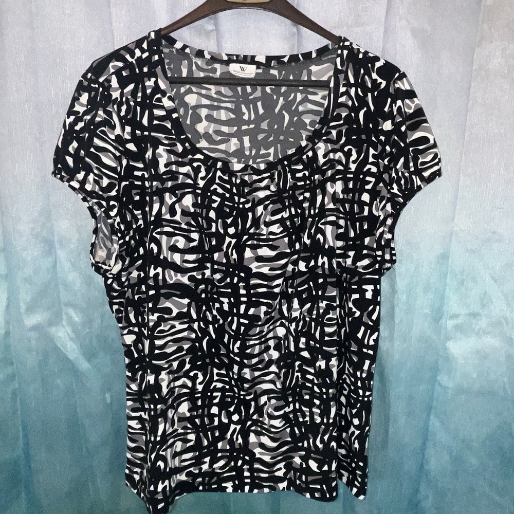 Worthington Women's Sz 2X Stretch Black & White Cap Sleeve Tunic Top Blouse